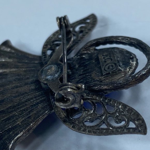 Angel Pin Brooch KC Dark Silver Tone Blue Stones Floral Accent Rhinestone Metal - Picture 9 of 12